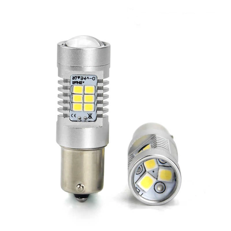 2293199945_svitlodiodna-lampa-z Світлодіодна лампа з цоколем 1156 BA15s P21W 21SMD 2835 12V Біла з драйвером і лінзою - Зображення 1