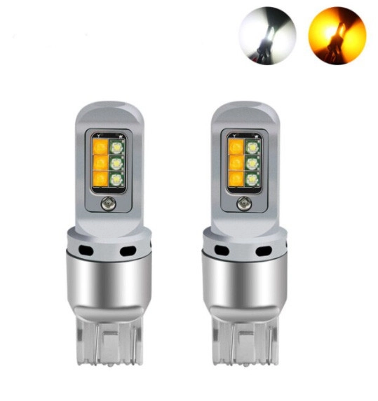 3094400025_dvokolirni-svitlodiodni-lampi Двоколірні світлодіодні лампи Led 7443 T20 W21 / 5W W3x16q 12SMD CREE 12V Білий Жовтий з обманкою - Зображення 1