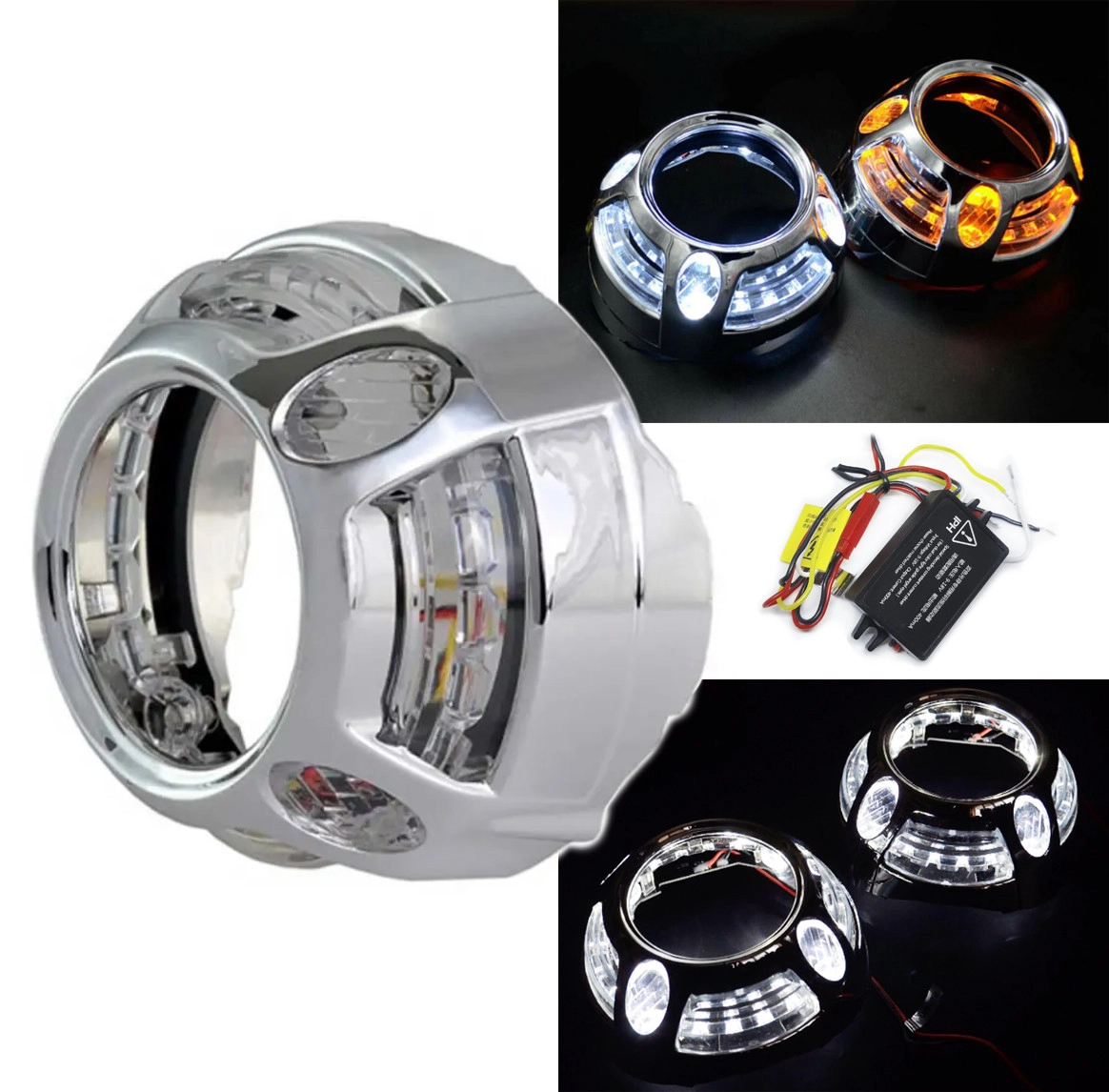 3852114526_maska-dlya-biksenonovih Маска для біксенонових Bi Led лінз 3" Panamera Led Style з блоками CREE ДХО габарит поворот Білий Жовтий 1 шт - Зображення 1