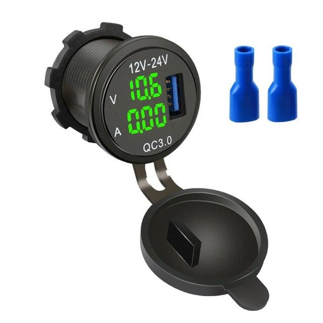 3864440796_avtomobilnij-zaryadnij-pristrij Автомобільний зарядний пристрій 1порт USB 12-24V врізна розетка, Вольтметр + амперметр зелене підсвічування - Зображення 1