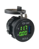 Автомобільний зарядний пристрій 1порт USB 12-24V врізна розетка, Вольтметр + амперметр зелене підсвічування - Зображення 2