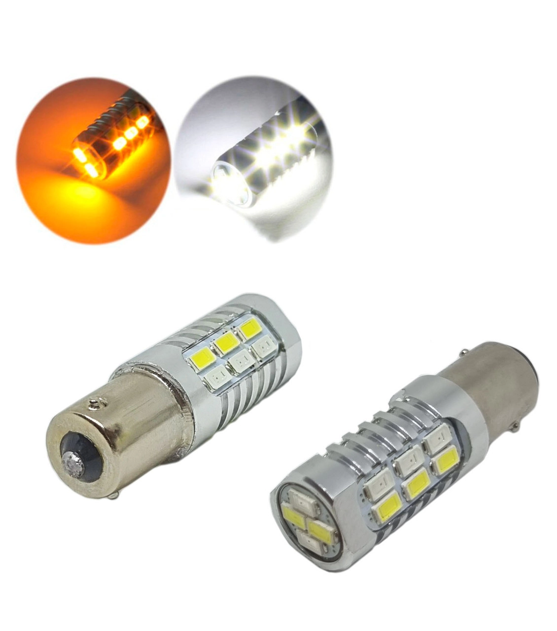 3903603190_svitlodiodna-lampa-z Світлодіодна лампа з цоколем 1156 BAU15s PY21W 22SMD 5730 12V Білий Жовтий з обманкою, цоколь зі зміщенням - Зображення 1