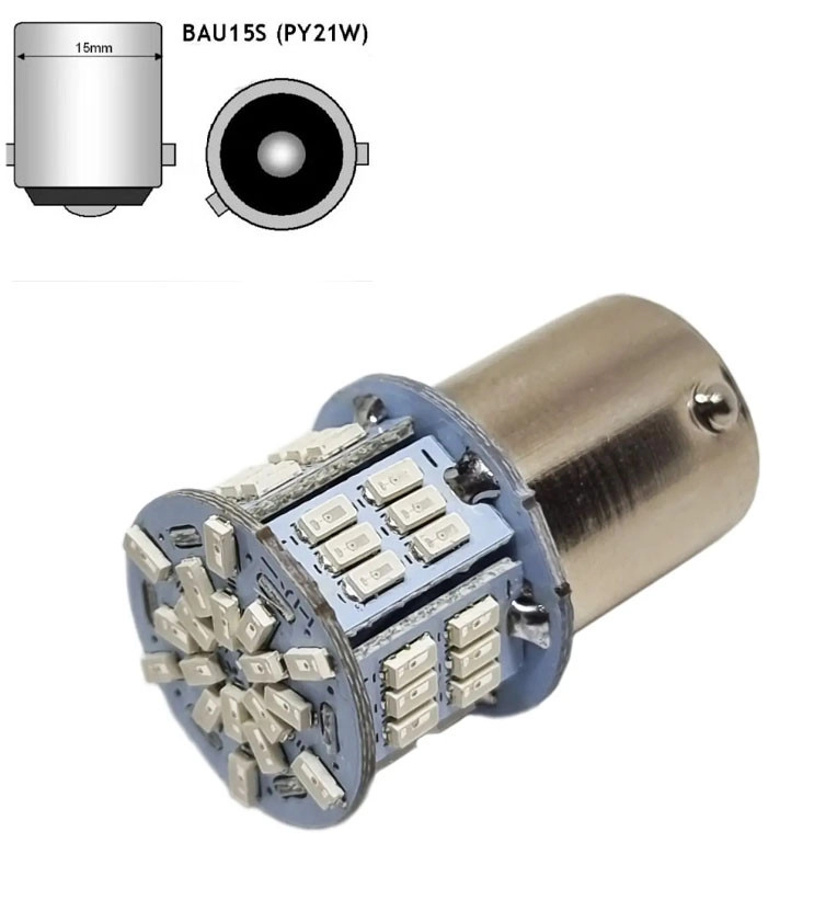 3906986849_svitlodiodna-lampa-z Світлодіодна лампа з цоколем 1156 BAU15s PY21W 54SMD 3014 12V Жовта, цоколь зі зміщенням - Зображення 1