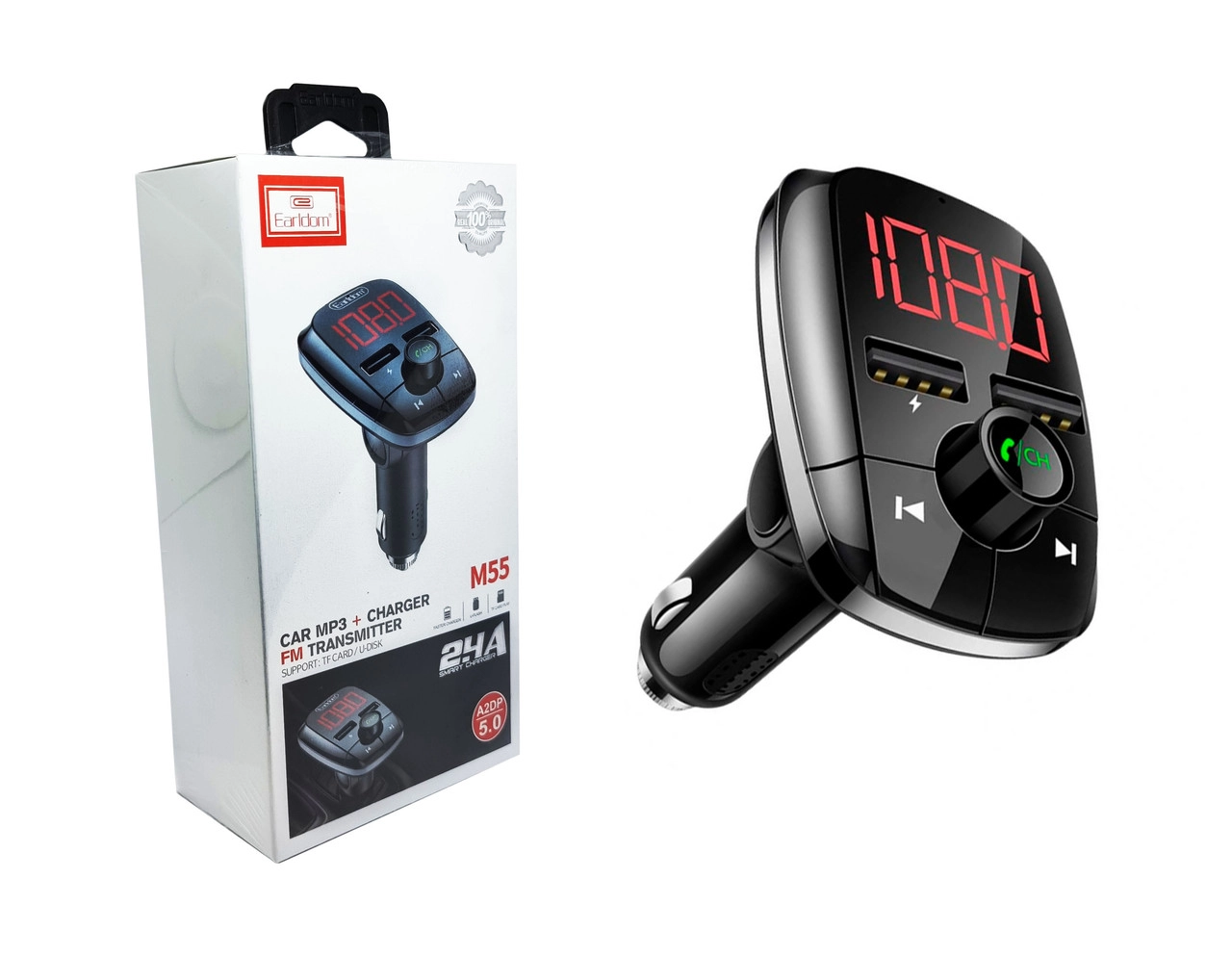 3927605791_fm-modulyator-fm-transmiter ФМ модулятор FM трансмітерEarldom М-55 з Bluetooth 5.0 MP3 WMA WAV два порти підтримка TF-карт U-диск - Зображення 1