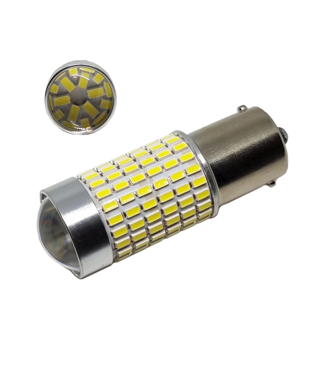 4554970563_svetodiodnaya-lampa-s Светодиодная лампа с цоколем 1156 BA15s P21W 144 SMD 3014 с линзой и драйвером ПРЕМІУМ - Зображення 1