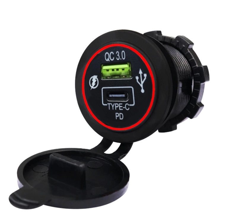 4589144272_avtomobilnij-zaryadnij-pristrij Автомобільний зарядний пристрій USB QC 3.0 та PD Type-C 3,1 А 12-24В розетка врізна, червоне підсвічування - Зображення 1