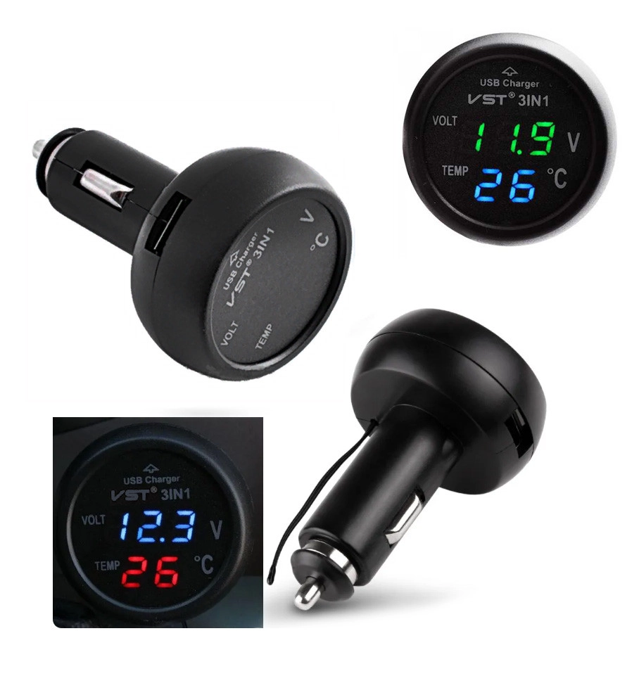 4837664375_avtomobilna-zaryadka-vst Автомобільна зарядка VST 706 один USB роз'єм + вольтметр + термометр 12-24V від прикурювача Чорний - Зображення 1
