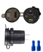 Автомобільний зарядний пристрій USB QC3.0 Type-C+PD 12-24В врізна розетка, з вольтметром, червоне підсвічування