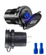 Автомобільний зарядний пристрій USB QC3.0 Type-C+PD 12-24В врізна розетка, з вольтметром, синє підсвічування