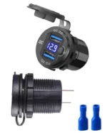 Автомобільний зарядний пристрій 2 USB QC3.0 12-24В врізна розетка, з вольтметром, синє підсвічування