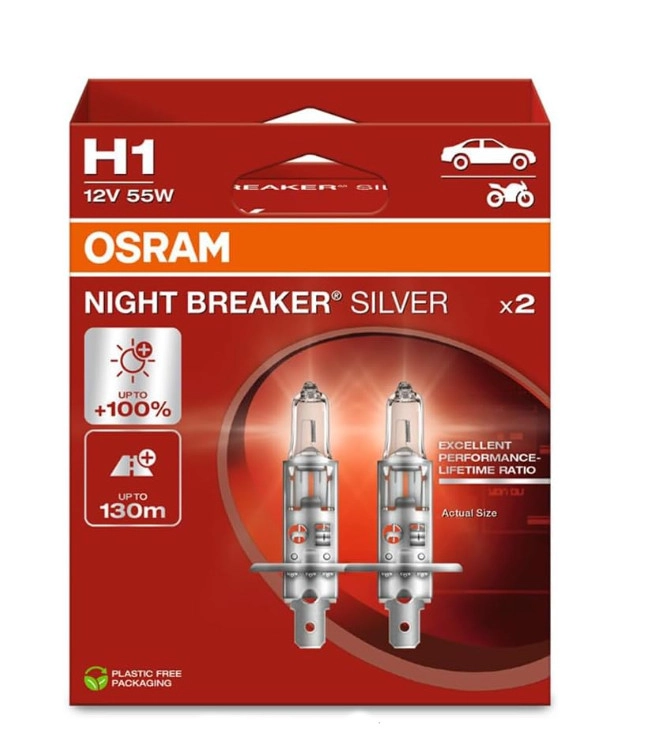 6525554233_galogenna-avtolampa-osram Галогенна автолампа Osram H1 Night Breaker Silver 64150NBS-2HB +100% комплект - Зображення 1