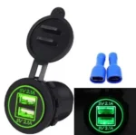 Автомобільний зарядний пристрій 2 порти USB врізна розетка, зелене підсвічування