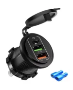 Автомобільний зарядний пристрій три порти 2USB + TYPE-C 12-24V 53W врізна розетка, синє підсвічування