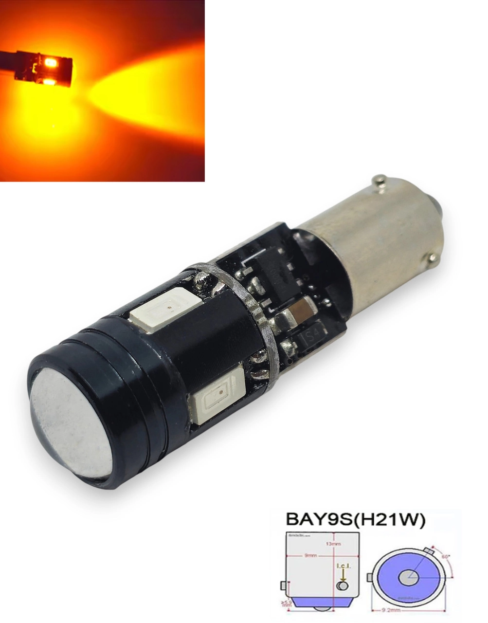 6842466412_avtomobilna-lampa-led Автомобільна лампа LED BAY9s H21W зміщення 120° 12V з обманкою Canbus Жовте світло - Зображення 1