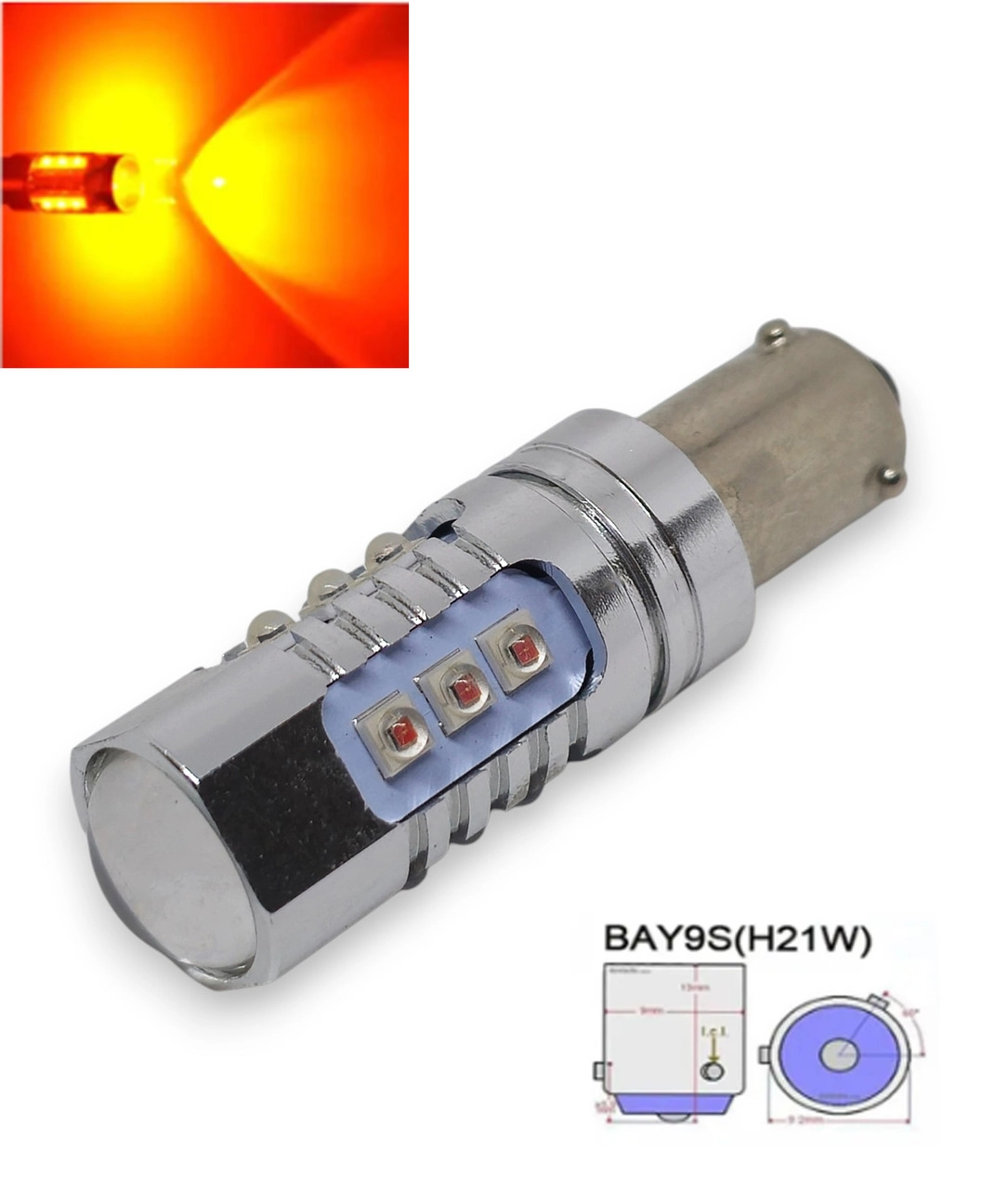 6843336176_avtomobilna-lampa-led Автомобільна лампа LED BAY9s H21W зсув 120 ° 16SMD CREE 12-24V CANBUS з обманкою Жовте світло - Зображення 1