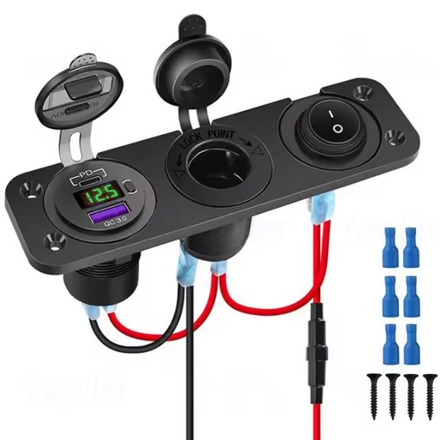 6974783590_avtomobilna-zaryadka-podvijna Автомобільна зарядка подвійна USB + PD Type-C роз'єм QC 3.0 панель розеток. Гніздо прикурювача з кнопкою Зелене підсвічування - Зображення 1