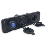 Автомобільний зарядний пристрій 1USB + 2Type-C, подвійна розетка прикурювача 12V/24V, панель з кнопкою та синьою підсвіткою - Зображення 3