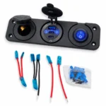 Автомобільний зарядний пристрій 1USB + 2Type-C, подвійна розетка прикурювача 12V/24V, панель з кнопкою та синьою підсвіткою