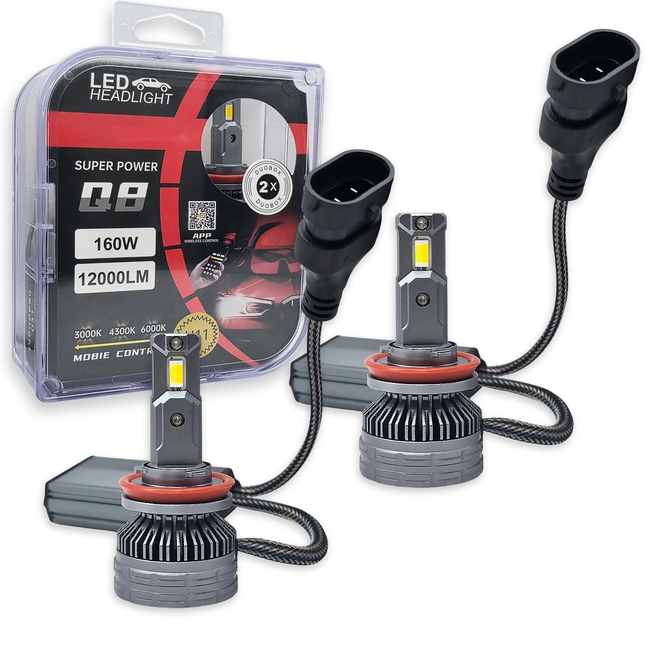 7547506808_svitlodiodni-lampi-led Світлодіодні лампи LED Headlight Q8 H11 160W 12000Lm Біло-Жовтий з керуванням через смартфон (комплект 2 шт) - Зображення 1