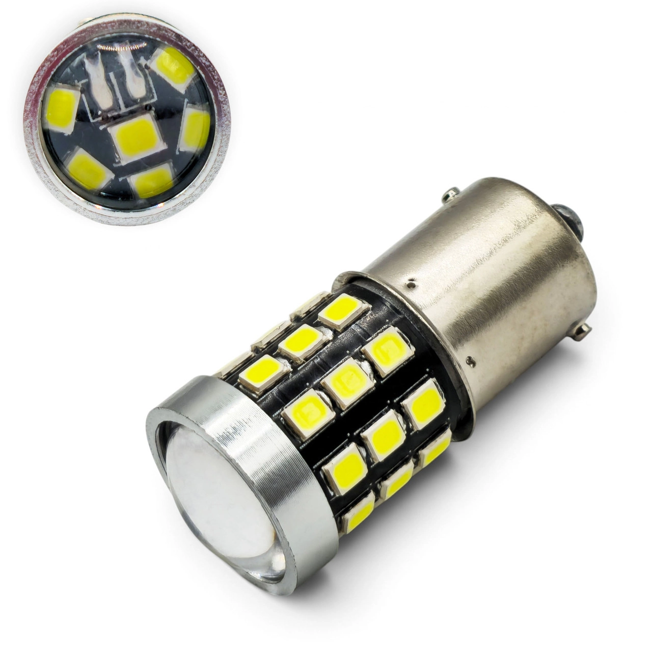 7720408813_svitlodiodna-lampa-z Світлодіодна лампа з цоколем 1156 BA15s P21W 33SMD 2835 12V Білє світло з лінзою та обманкою - Зображення 1