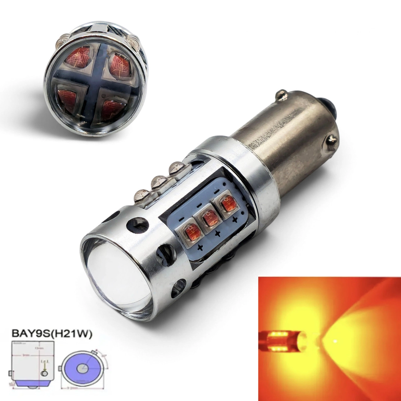 7730906806_avtomobilna-lampa-led Автомобільна лампа LED BAY9s H21W зсув 120 ° 16SMD CREE 12-24V CANBUS з обманкою Жовте світло - Зображення 1
